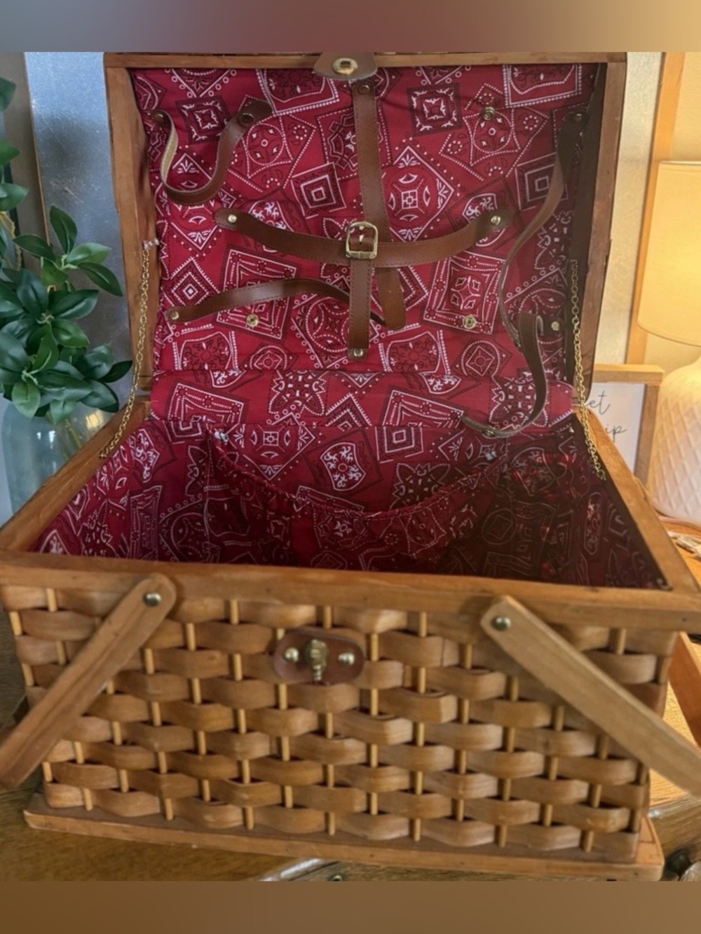 Vintage Wooden Picnic Basket Red Bandana Liner Rustic Farmhouse Basket